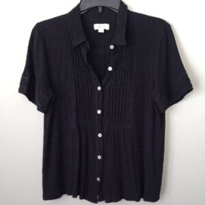 Style & Co. Crinkle Textured Gauze Black Blouse Lace Trom Short sleeve Size S
